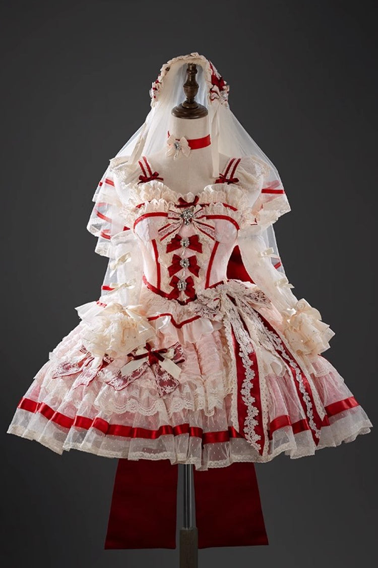 Rose Moonstone Sleeveless Ruffle Embroidery Bow Lace Fishbone Sweet Princess Gown