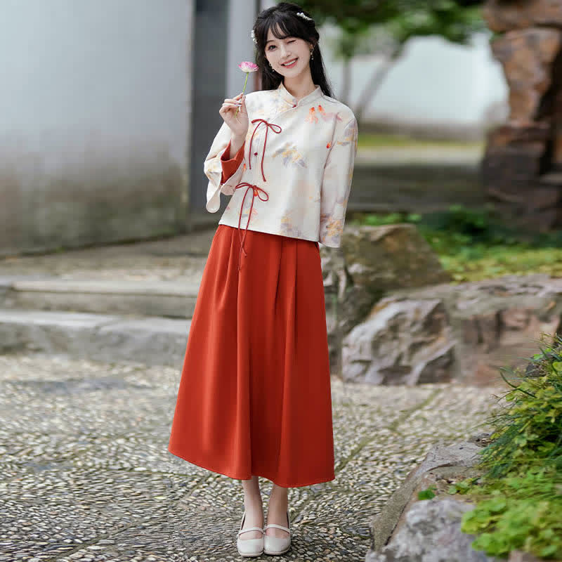 Waist Sweatshirt Vintage Bamboo Pleated Skirt Print High