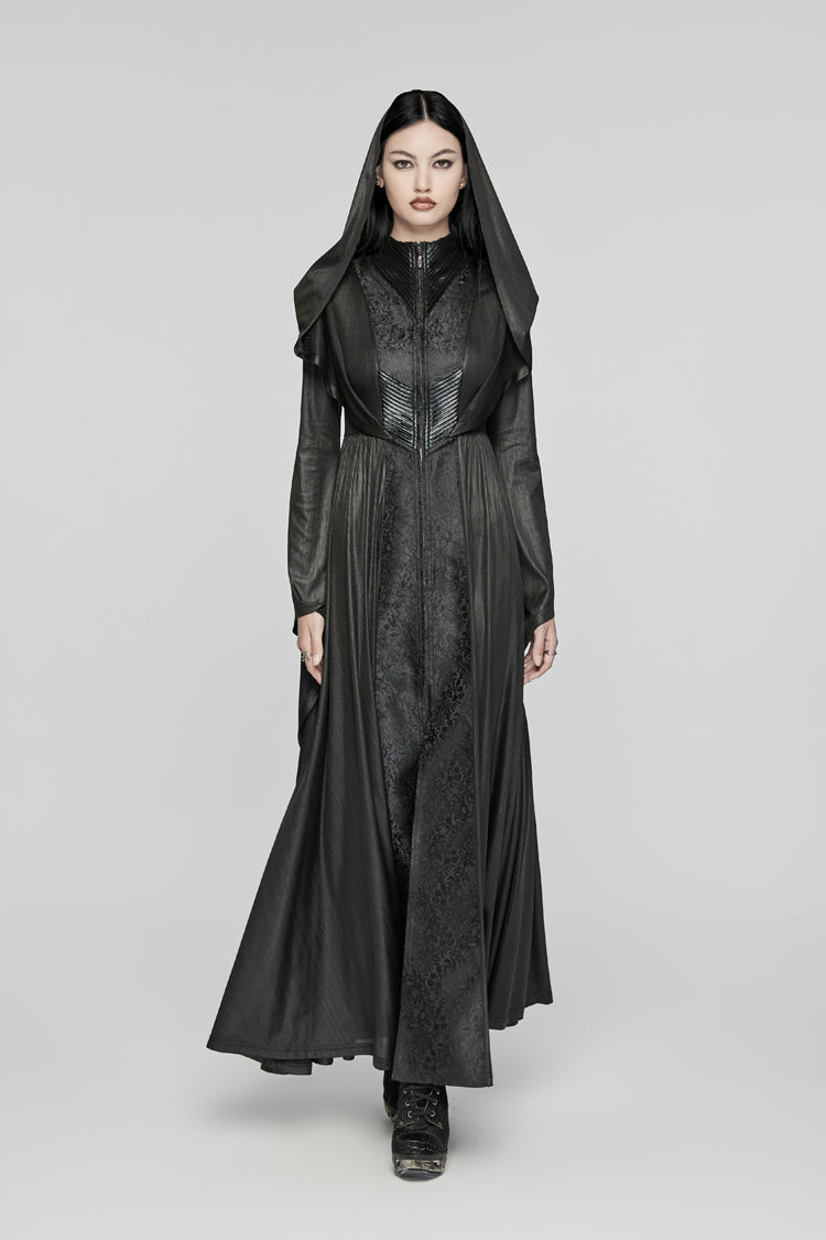 Hooded Dark Dress with Flared Sleeves - Women
