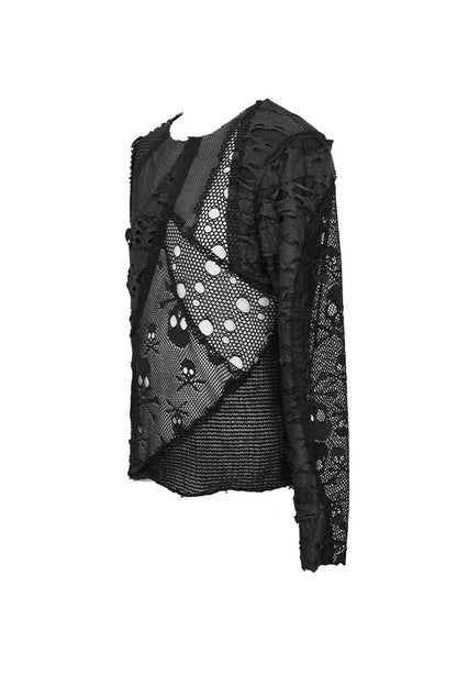 Punk T-Shirt for Men with Mesh Stitching and Round Collar