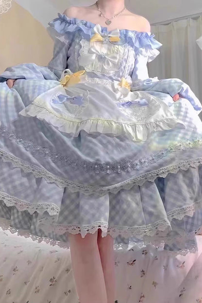 Blue Tartan Bow Lace Sweet Lolita Dress