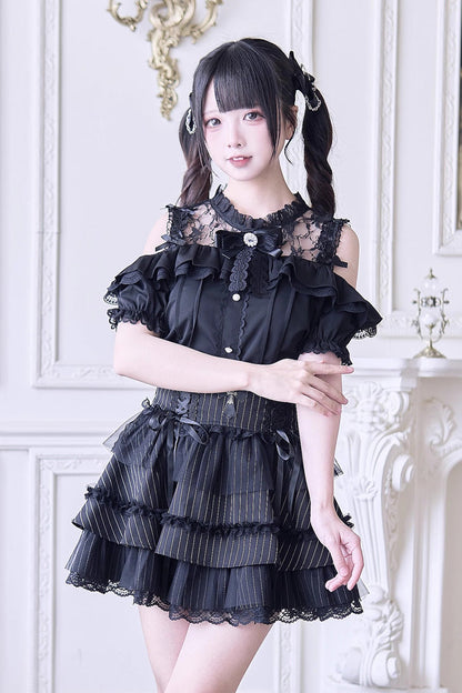 Off Shoulder Short Sleeves Hollow Bowknot Jirai Kei Japanese Blouse