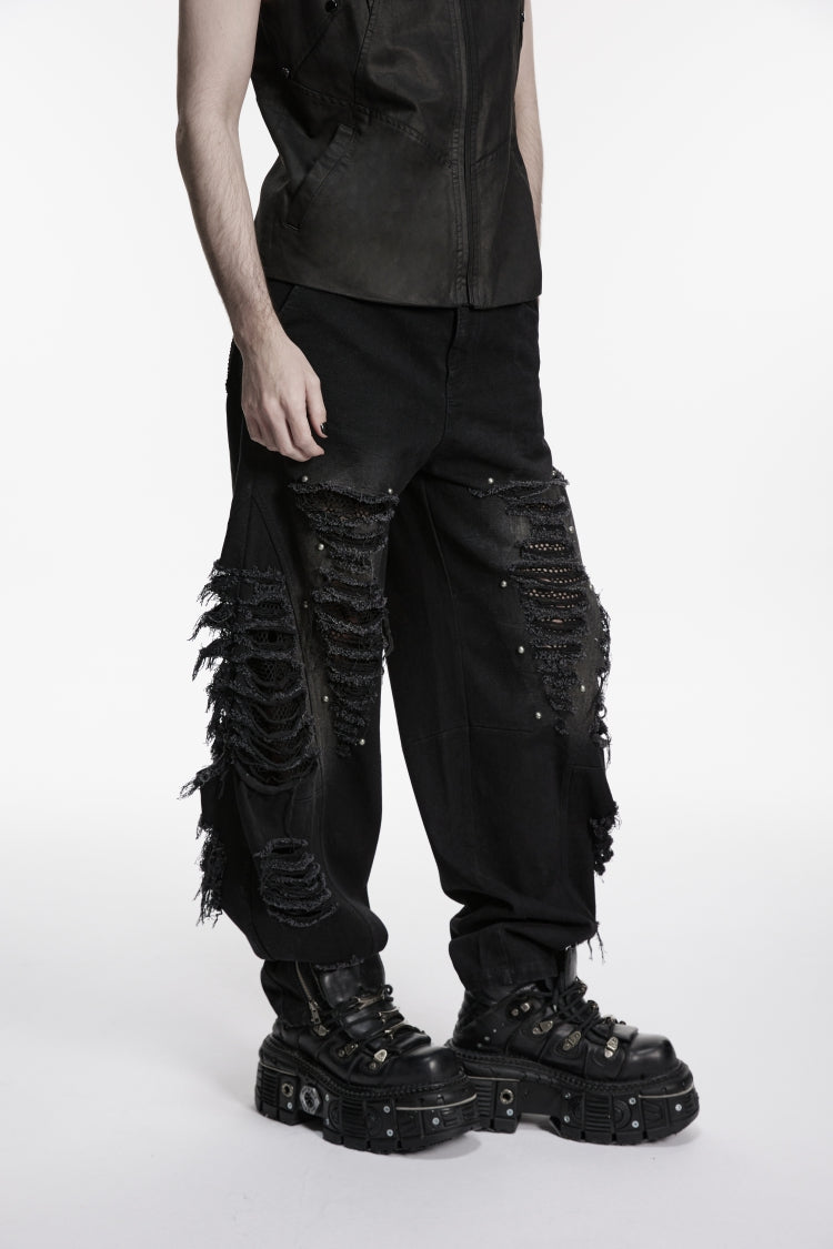 Ripped Studded Zippered Eyelet Mesh Black Punk Pants Men's