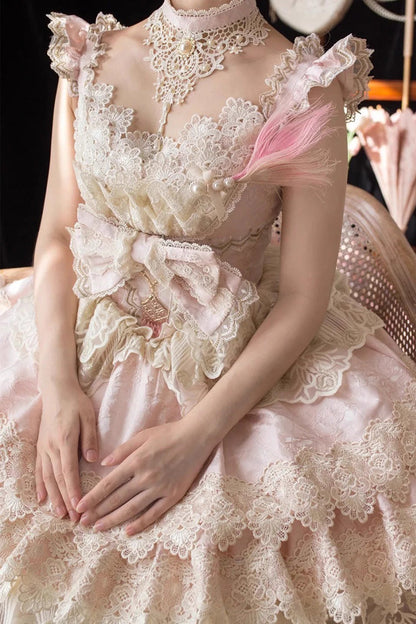 Rose Peacock Feather Tiered Ruffle Bride Cardigan Bow Lace Sweet Lolita JSK Set