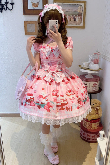 Pink Strawberry Parfait Print Short Sleeve Ruffle Bow Lace Lace-Up Sweet Lolita Dress