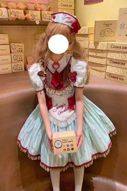 Emerald Jenny's Chocolate Short Sleeves Vertical Stripes Print Ruffle Bow Sweet Lolita Dress