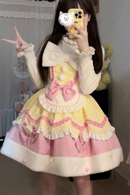 Sweet Lolita Cream Snow Cat Winter Ruffle Bowknot JSK Dress