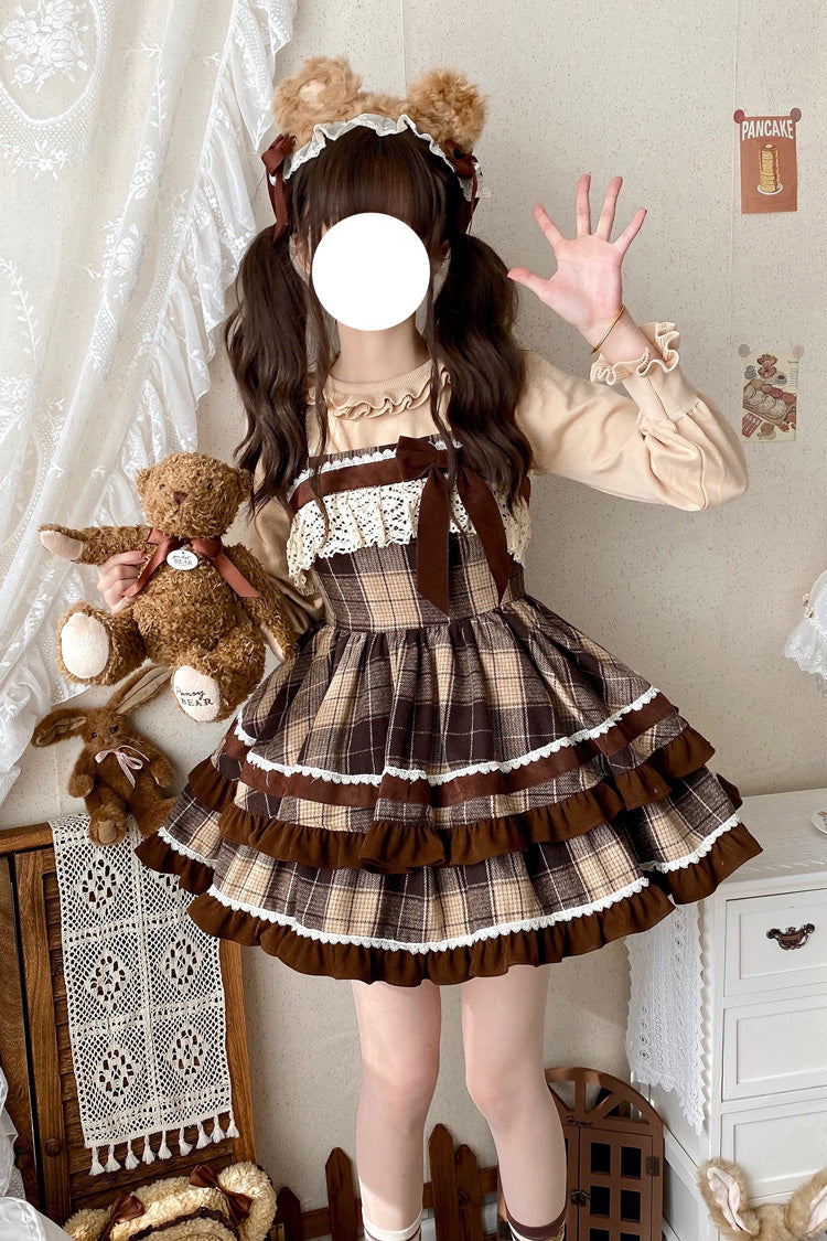 Brown Sleeveless Sweet Lolita Plaid Print Ruffle Bowknot JSK Dress