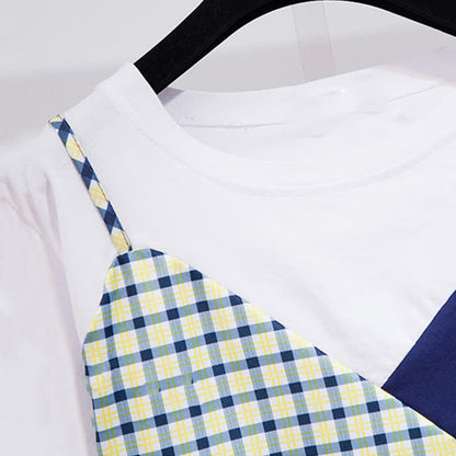 Denim Chic Round T-Shirt Collar Colorblock Pocketed Shorts