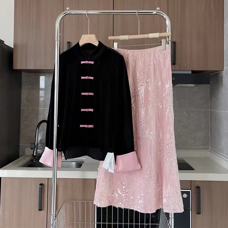 Chemise à boucle enchanteresse avec décor à paillettes et jupe en queue de poisson rose