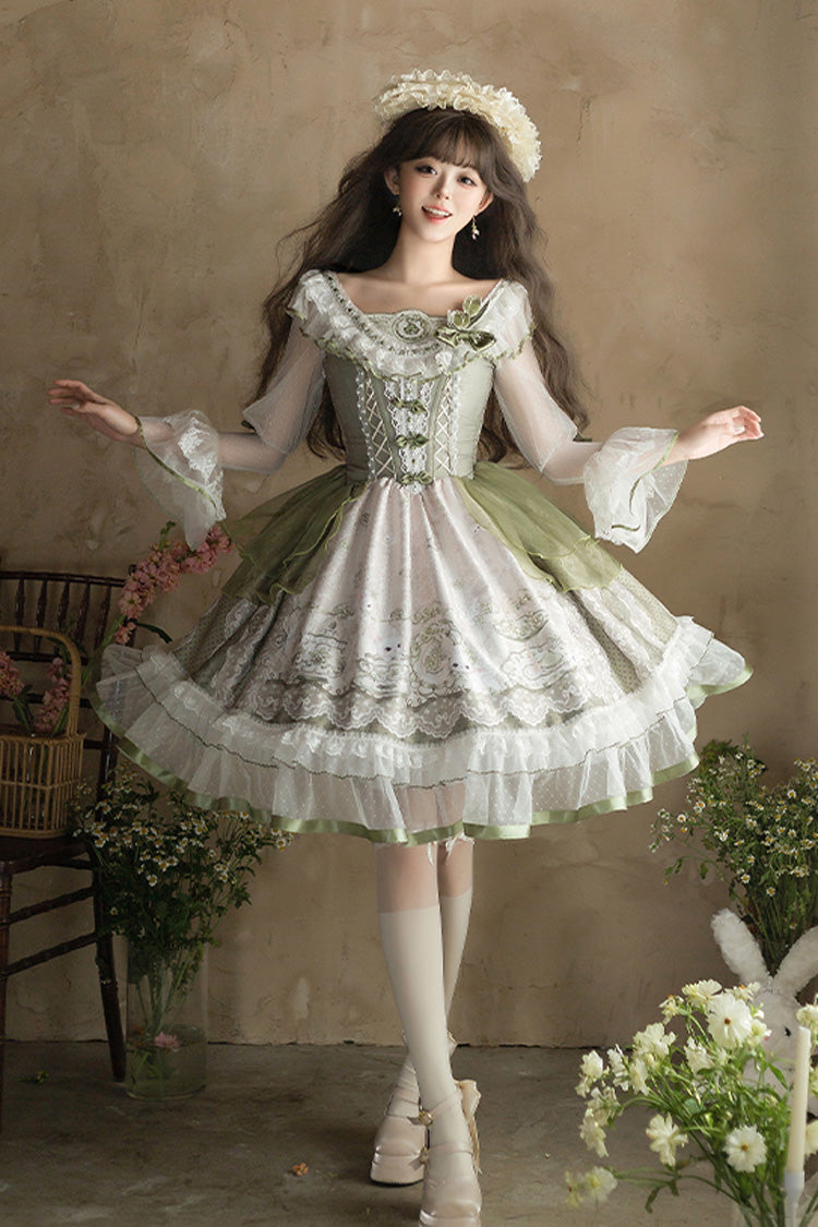 Emerald Lace-Up Bow Lolita OP Dress - Teacup Rabbit
