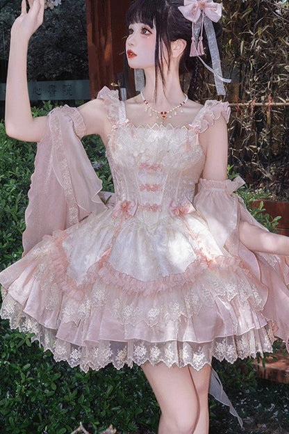 Pink Floral Ruffle Embroidered Bow Chinese Elegant Lolita Jumper - Lyrics in the Midst of Flowers