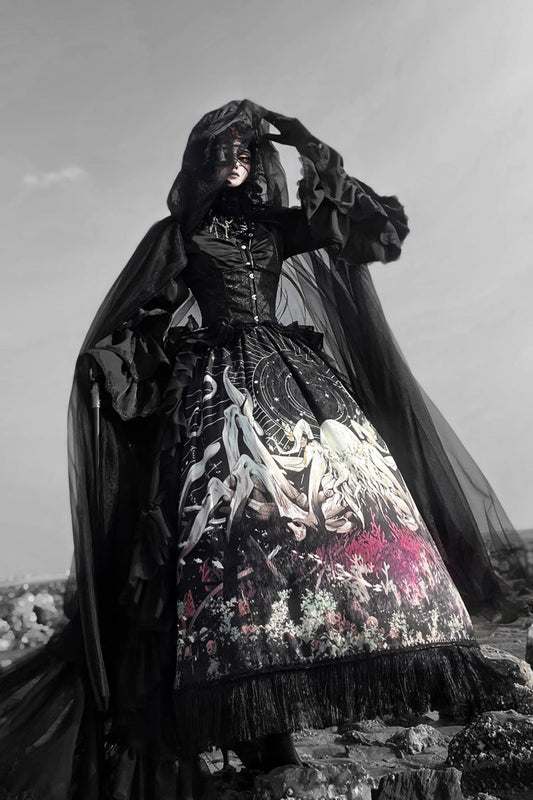 Long Hime Sleeves Gothic Skirt Dress Set with Printed Lace - Reborn Ancient God