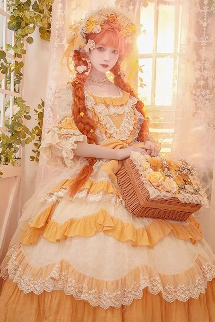 Apricot Yellow Floral Garden Cottage Square Collar Short Sleeve Layered Ruffle Lace Sweet Plus Lolita JSK