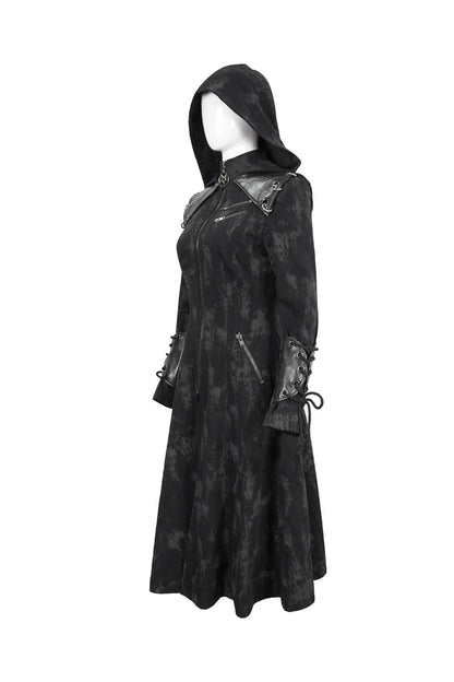 Long Punk Coat for Women with Hood and Irregular Print in Spliced Black Faux Leather