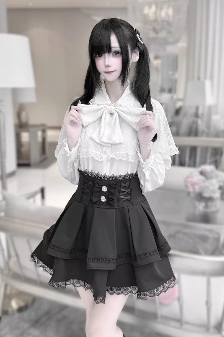 Long Sleeves Double-Layered Ruffled Embroidered Bow Lace-Up Gothic Jirai Kei Lolita Top Skirt Set