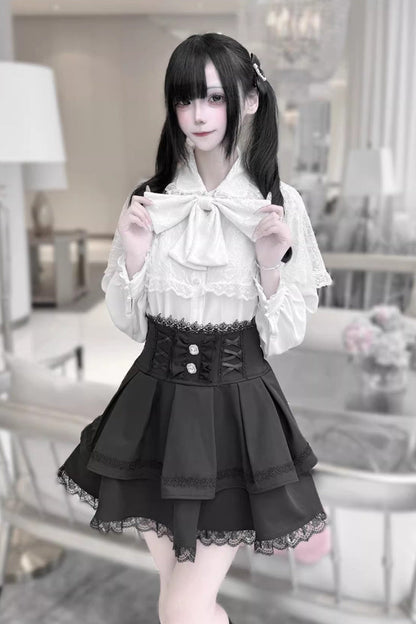 Long Sleeves Double-Layered Ruffled Embroidered Bow Lace-Up Gothic Jirai Kei Lolita Top Skirt Set
