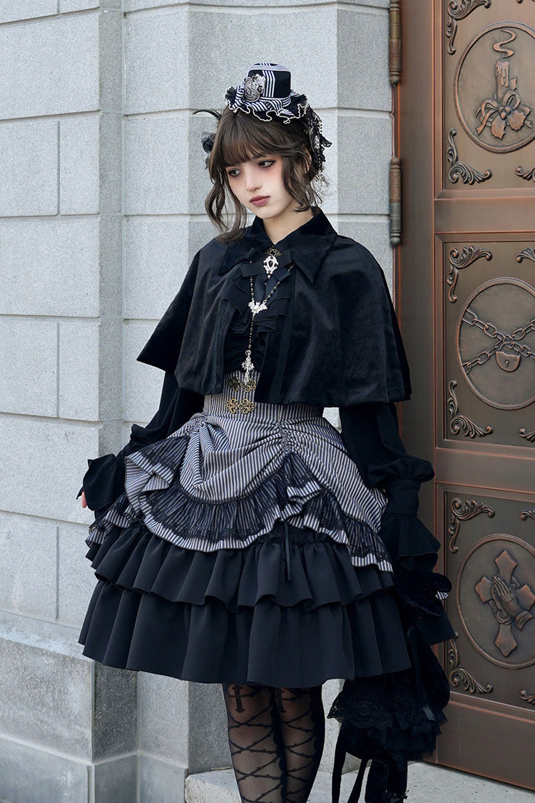 Black Point Manor Multi-Striped Print Ruffled Bow Hem Gothic Lolita Skirt
