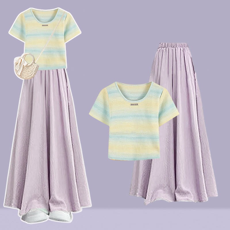 Stripe Leg Wide T-shirt Pantskirt Pieces Set Two