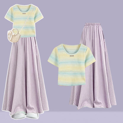 Stripe Leg Wide T-shirt Pantskirt Pieces Set Two