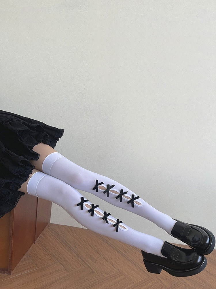 Black/White Bowknot Design Cut-out Design Overknee Stockings
