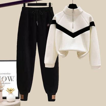 Sweatshirt Draw Zipper Pocketed String Pants Casual