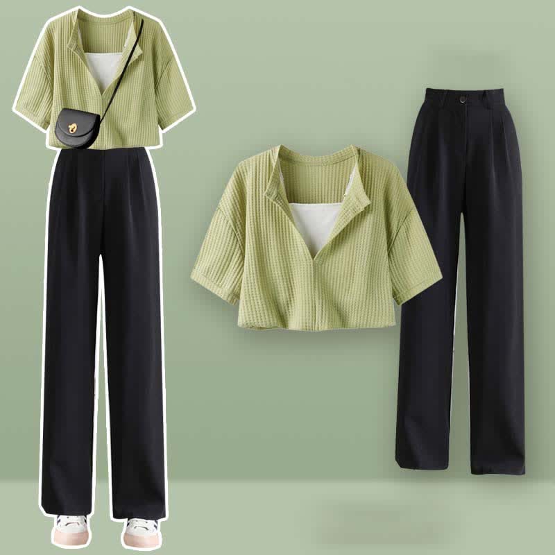 Fake Two Pieces Crop Top T-Shirt Casual Pants Set SP19694