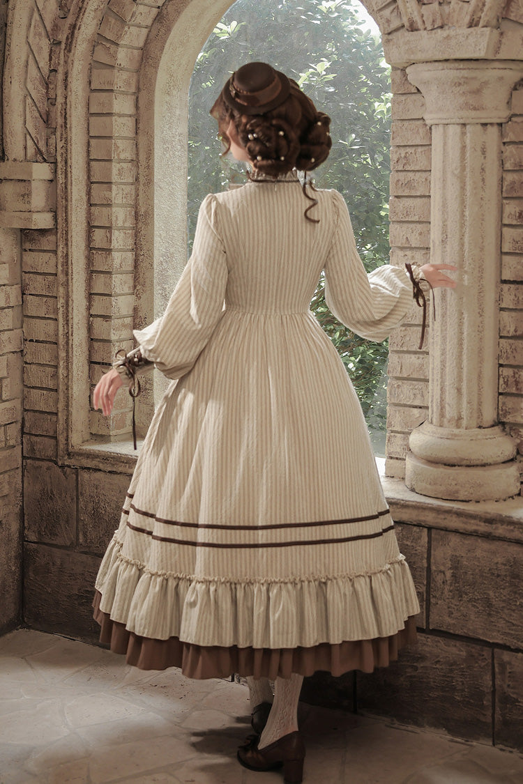 At Sunset Round-Collar Lantern-Sleeved Double-Layered Printed Ruffled Classic Lolita Dress in Beige and Brown, 2 Versions