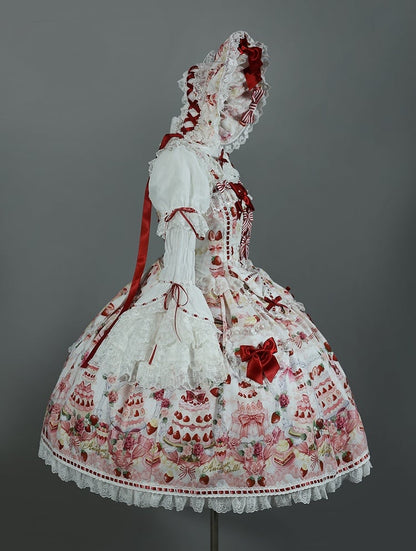 Strawberry and Desserts Print White Sweet Bow Accents Lolita JSK / Full Set