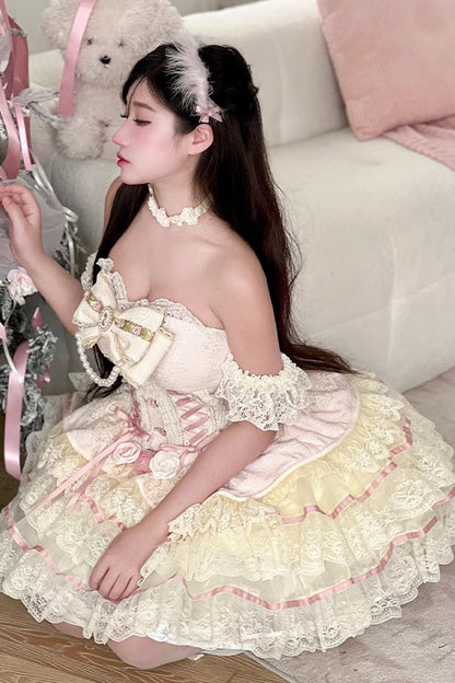 Tea Rose Dew Ruffle Bow Lace Sweet Lolita Skirt Dress in Yellow Pink