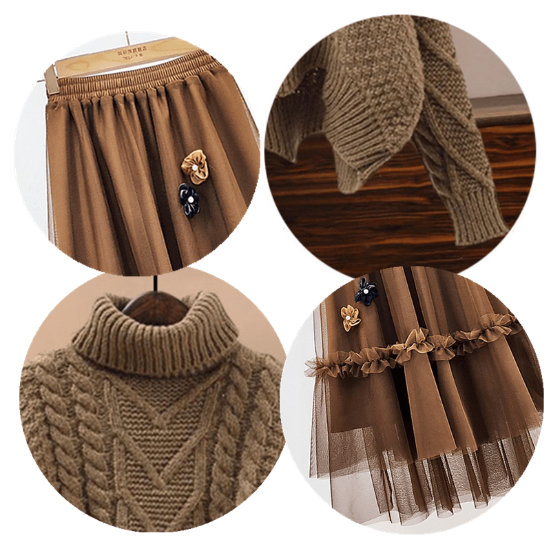 Brown Turtleneck Sweater Blossom Decor Tulle Skirt Set