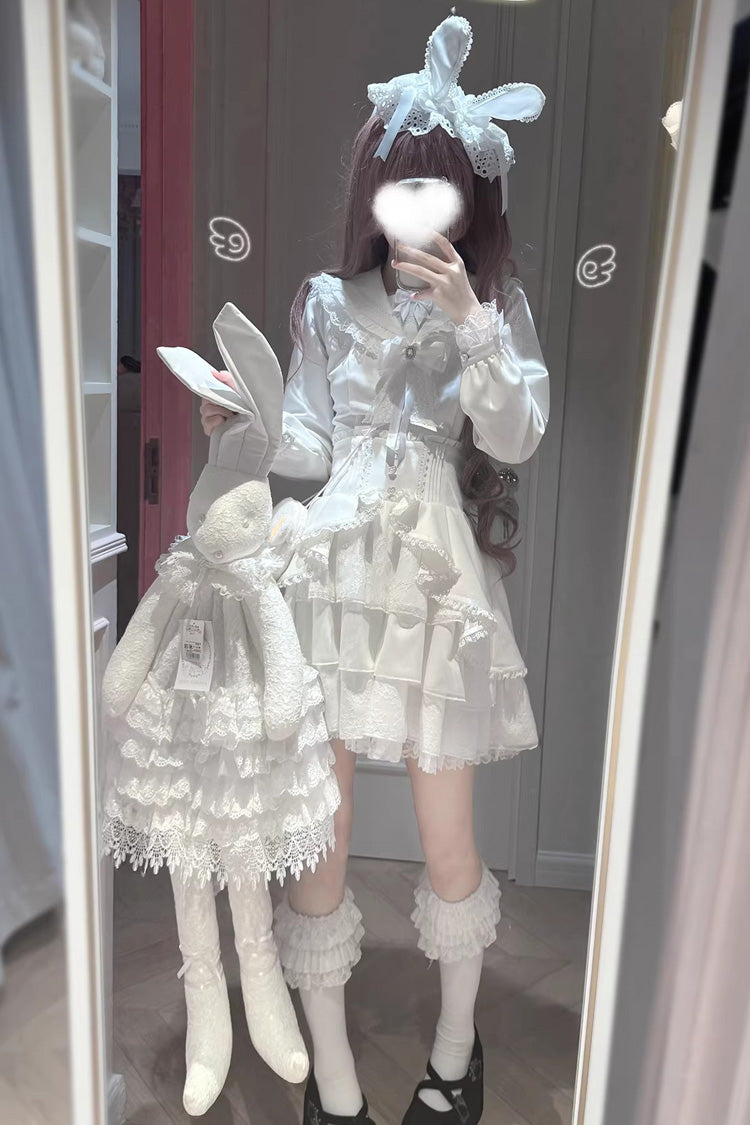 Multi-Layered Ruffled Bow Skirt Set - White Snow Season Love Letter