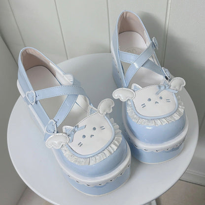 Cat-Design Ruffled Cross-Strap Round-Toe Daily Lolita Platforms in Four Colors