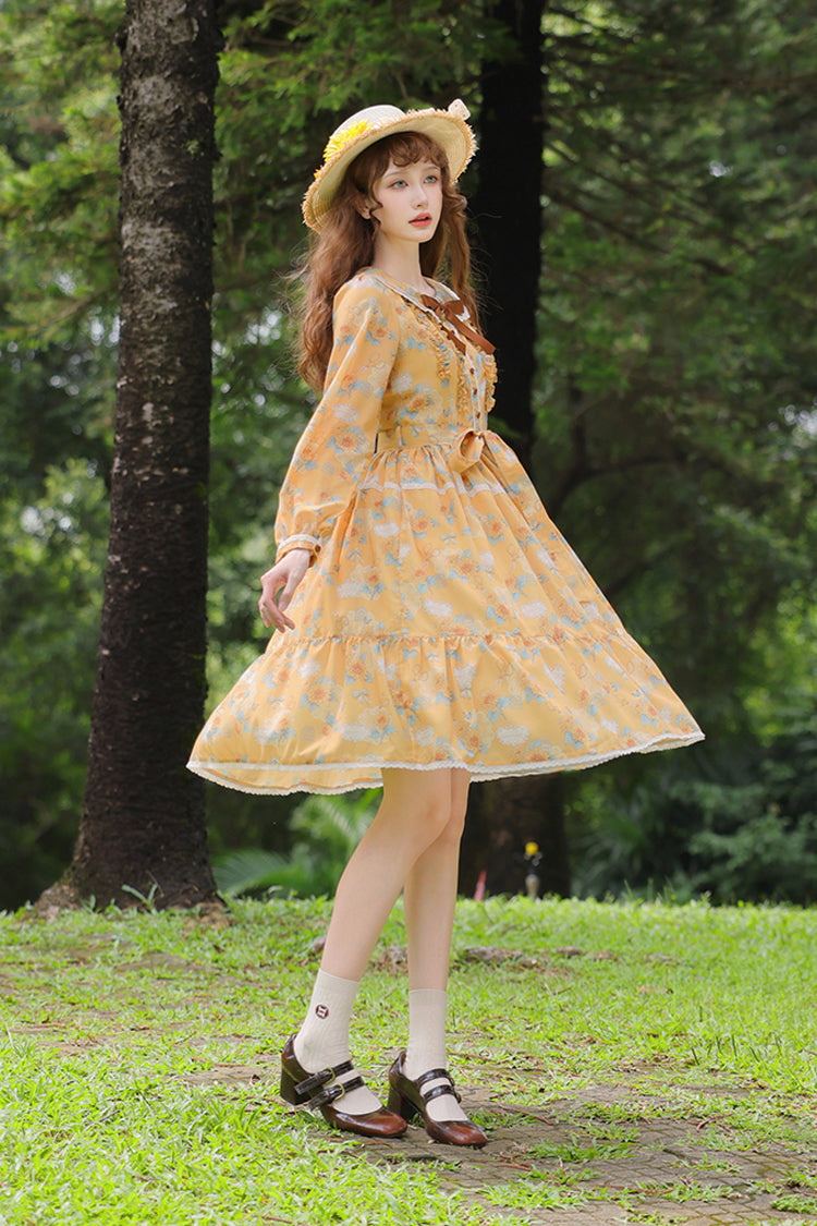 Golden Long-Sleeve Ruffled Bow Sunflower Elegant Dress
