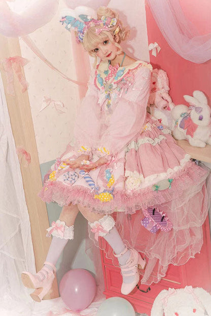 Pink JSK Dress Sweet Lolita Lace Long Sleeves Bowknot Ruffled - Altfashion Shop