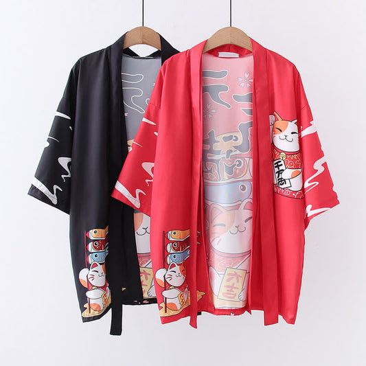 Kimono-Oberbekleidung mit Cardigan und Glückskatzen-Print