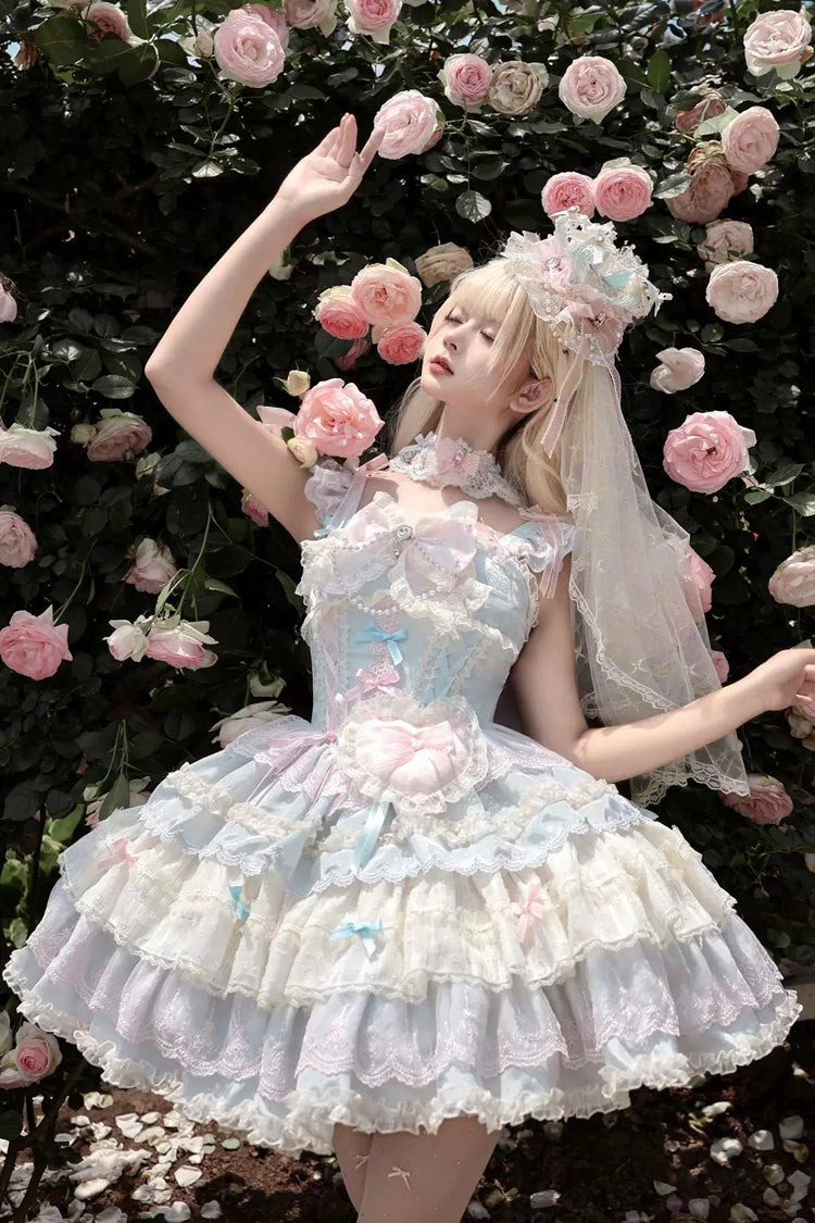 Sweet Lolita JSK Dress with Square Collar and Multi-Layered Ruffled Bow Lace