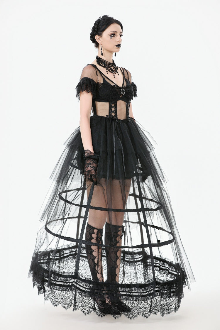 Ebony V-Neck Short Sleeve Sheer Mesh Layered Dress