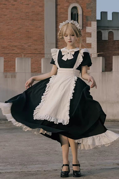 Ruffled Bow Sweet Elegant Maid Dress - Black/White