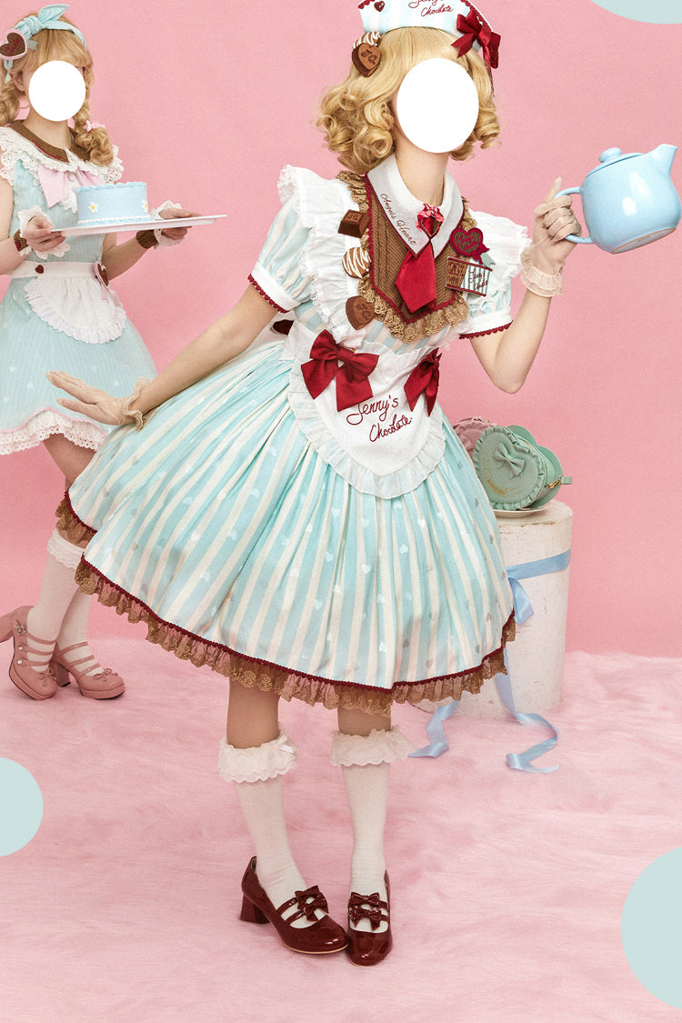 Emerald Jenny's Chocolate Short Sleeves Vertical Stripes Print Ruffle Bow Sweet Lolita Dress