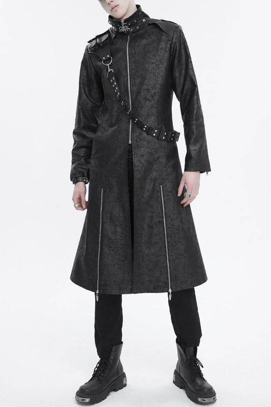 Men's Gothic Long Coat with Split Hem and Strap