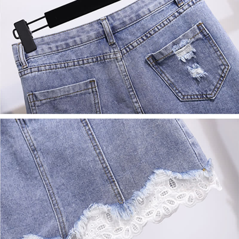 High T-Shirt Denim Skirt Bowknot Waist Knitted