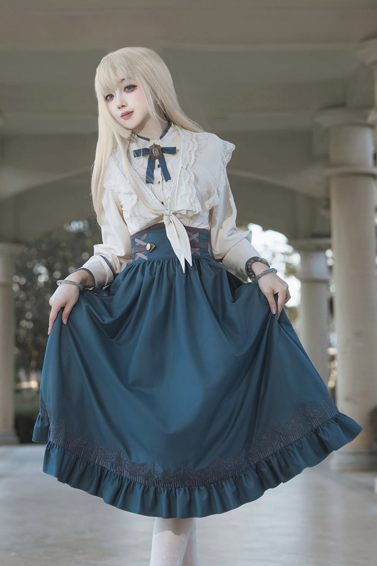 Blue Ruffle Embroidered Lace-Up Sweet College Elegant Lolita Skirt