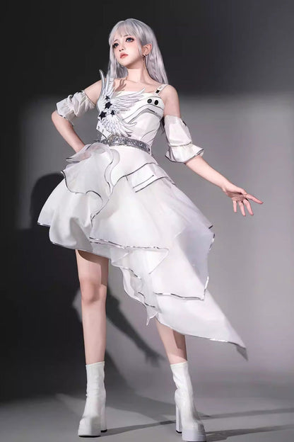 Asymmetric Futuristic Punk Jumper Dress Set - White Silver Wings