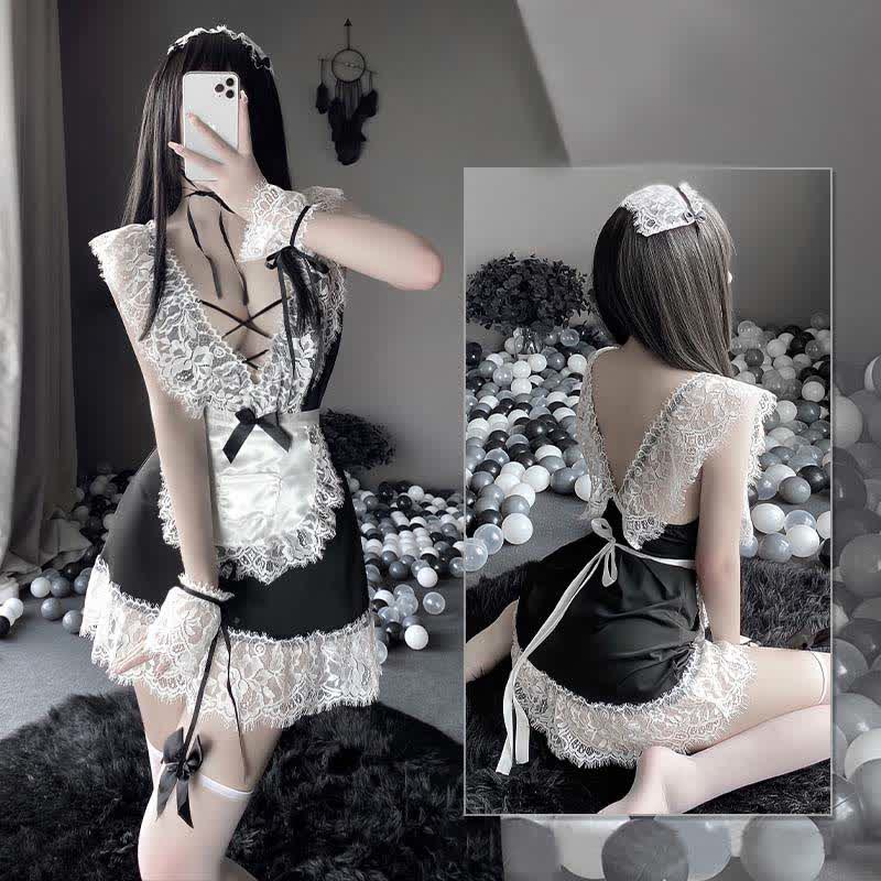 Robe de lingerie en dentelle profonde avec nœud noir Cosplay Maid