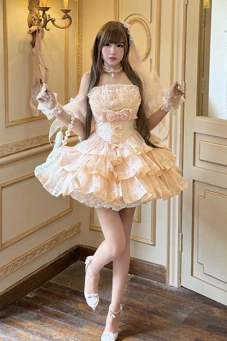 Rose Mousse Love Song Off Shoulder Sleeveless Triple Ruffled Bride Bow Elegant Ballet Short Set