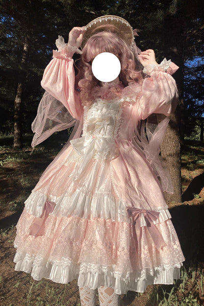 Pink OP Tiered Dress Sweet Lolita Long Sleeves Bowknot Ruffled - Altfashion Shop
