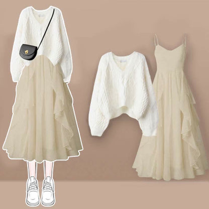 Elegant Knit Flouncing Slip Set Dress Cable Sweater