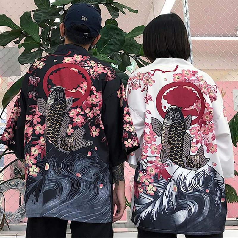 Kimono fleuri à motif de poisson noir, vêtement d'extérieur, protection solaire