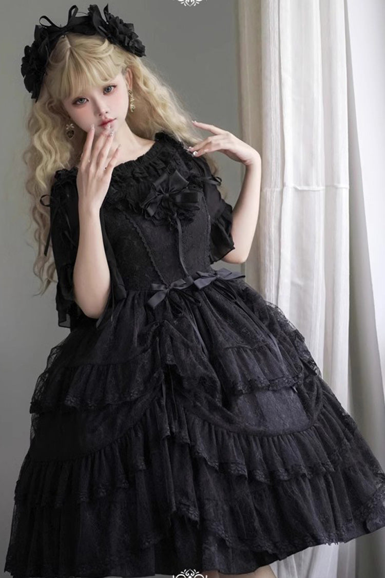 Gothic Princess Lolita JSK Dress with Ruffled Layers and Bow Accents